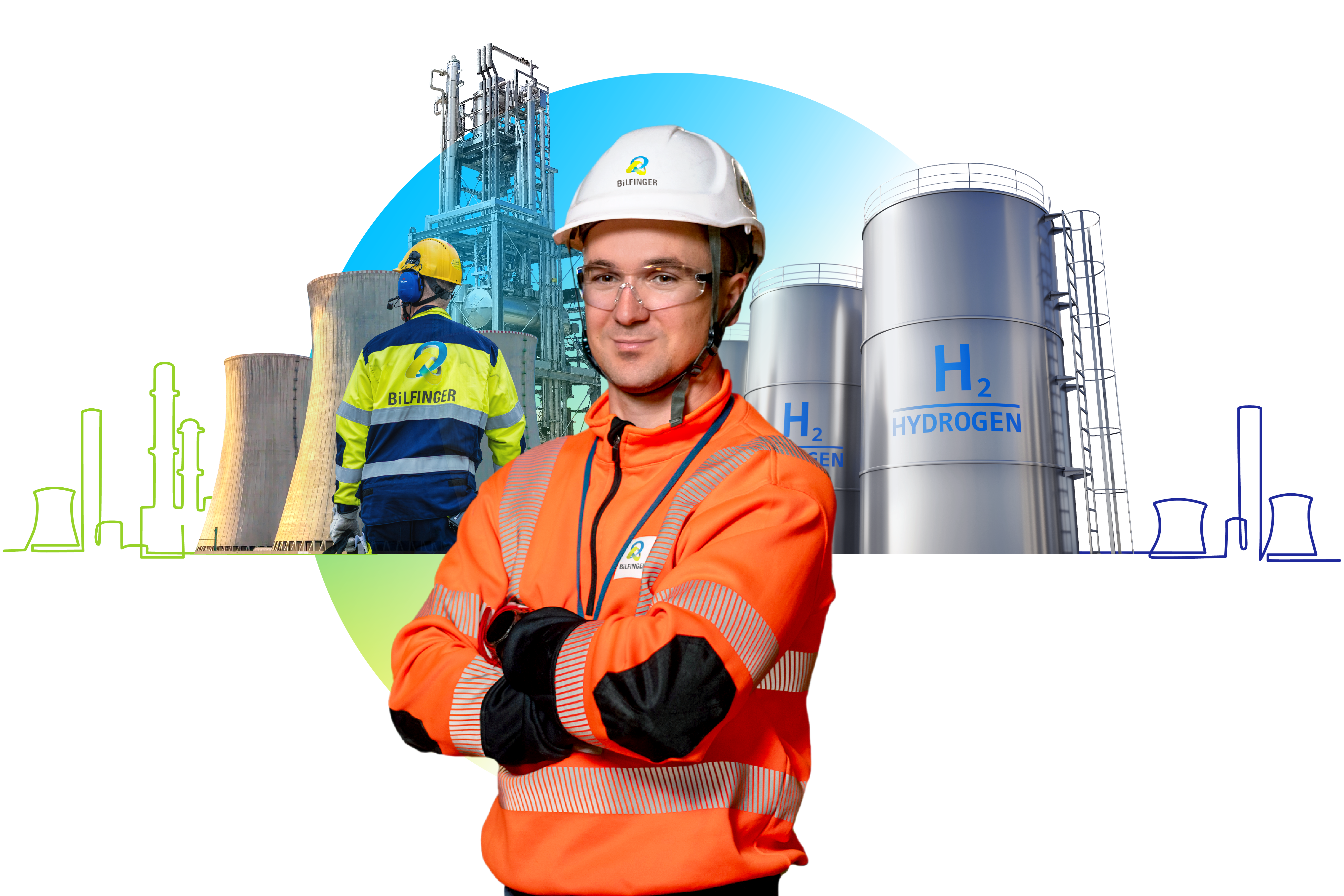 The image depicts a worker in vibrant safety attire with hydrogen storage tanks in the background, highlighting the focus on sustainable energy solutions and industrial safety.