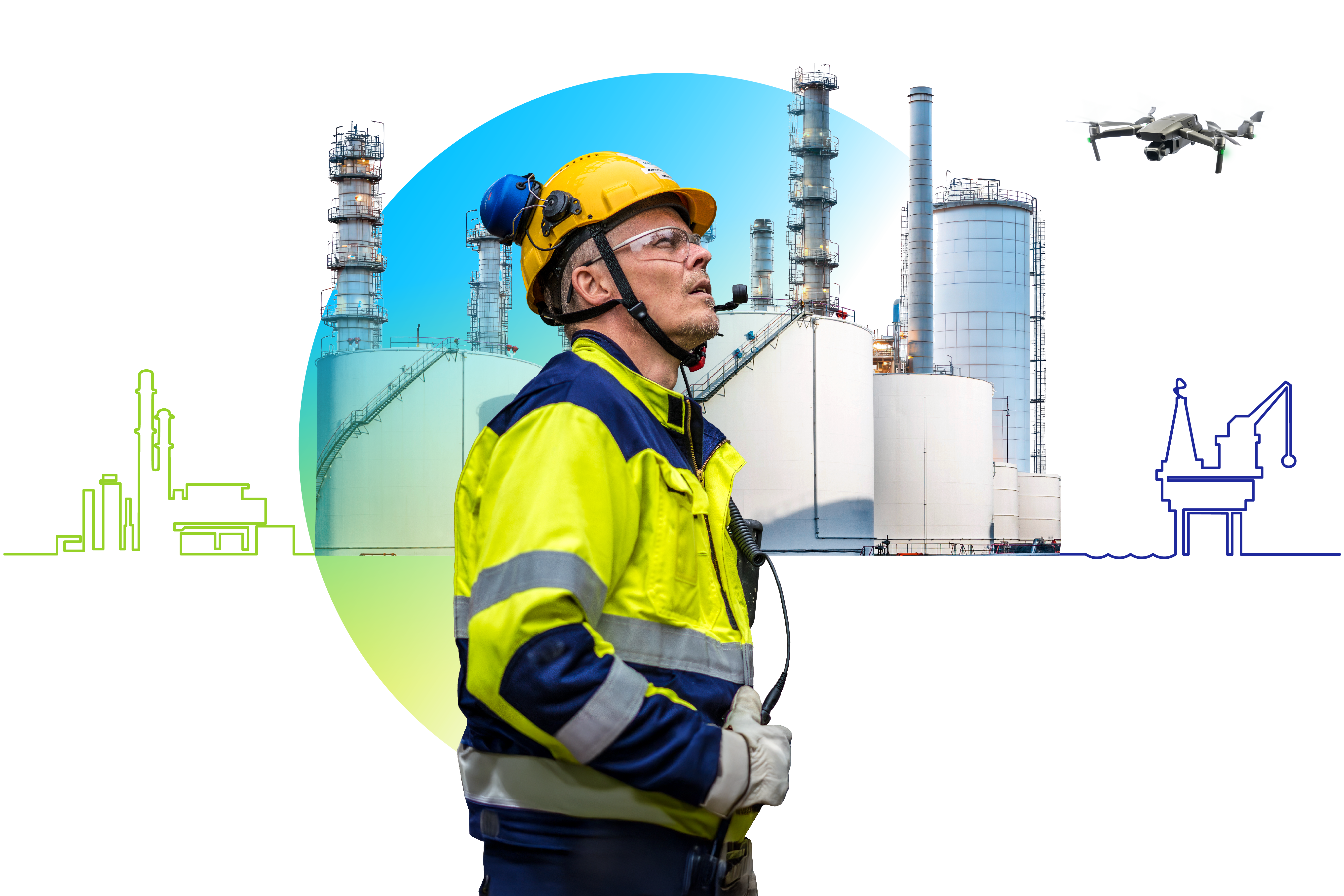 This image showcases a worker in safety gear standing before a large oil and gas facility, underscoring the critical role of safety and infrastructure in the energy sector.