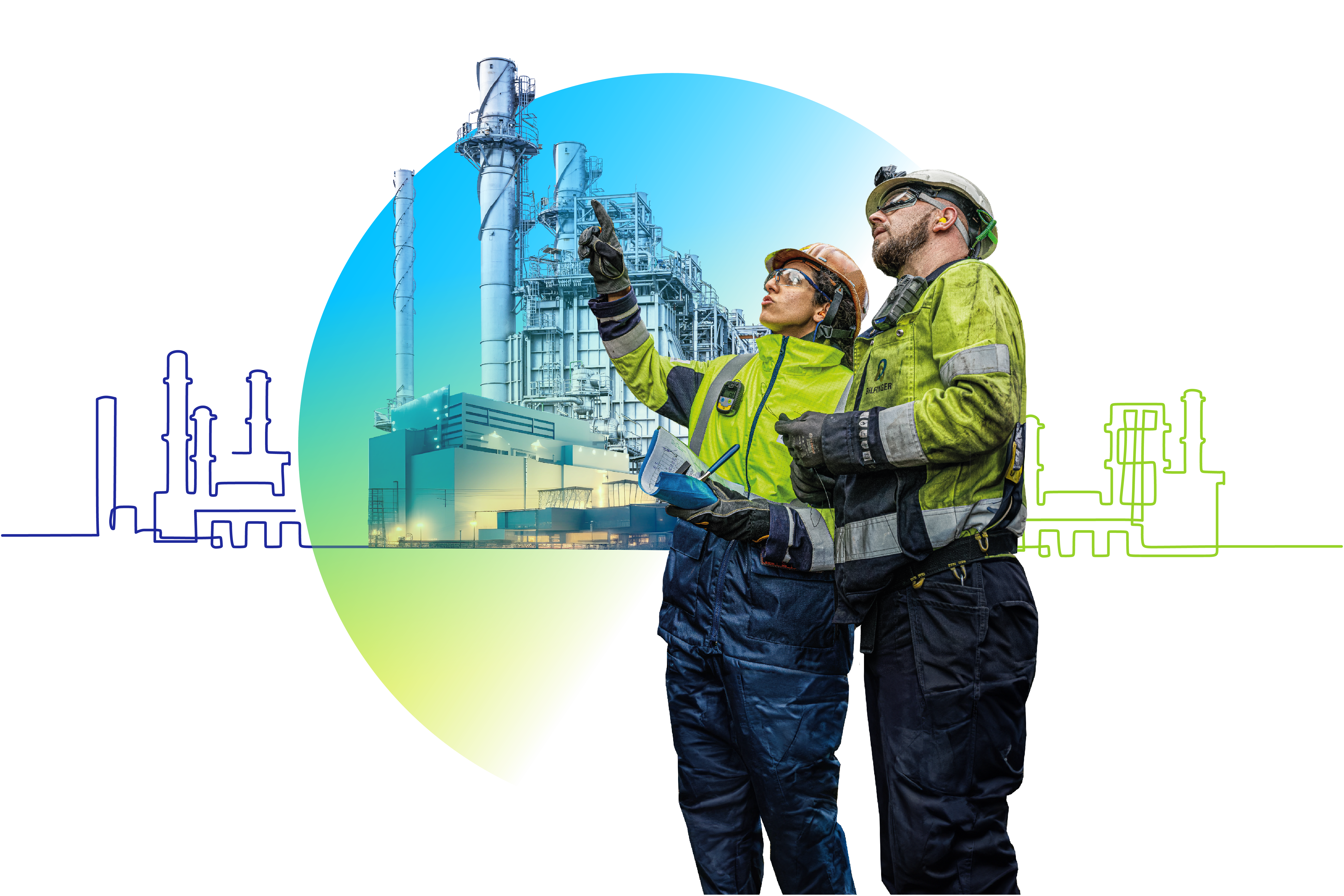 This image illustrates two workers in protective gear discussing operations at a large industrial plant, highlighting the significance of teamwork and safety in chemical and petrochemical industries.