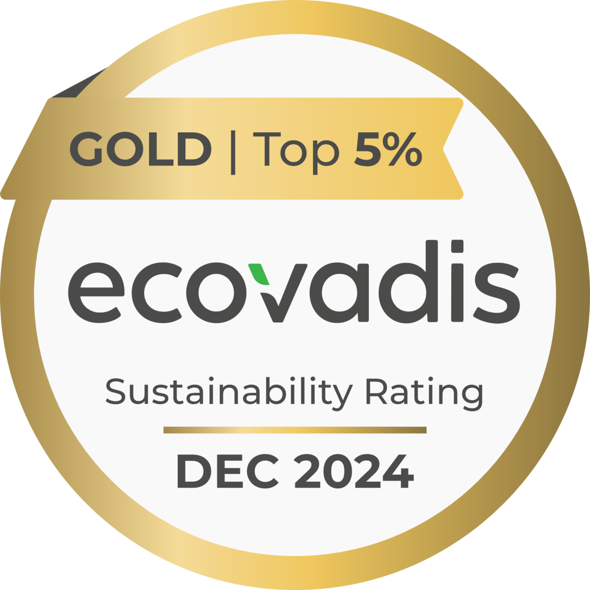 This image is a digital badge representing EcoVadis' Gold Sustainability Rating for December 2024, highlighting the achievement of being in the top 5% for sustainability performance. The prominent use of gold color emphasizes the high level of recognition and excellence in sustainability practices.